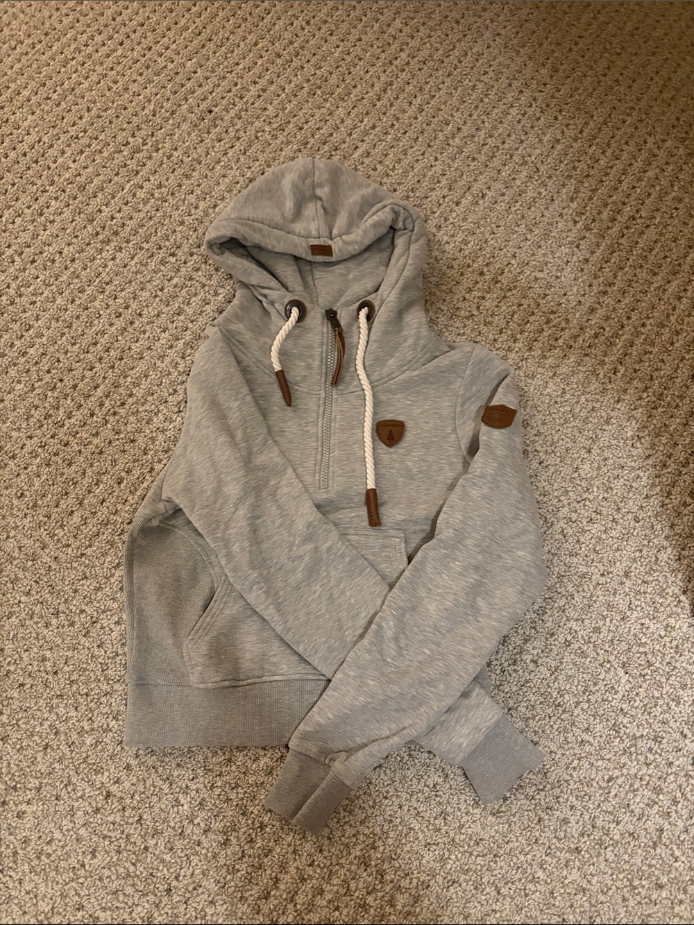 Wanakome Gray Half-Zip Hooded Sweater with Brown Accents